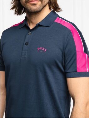 BOSS Men's Navy Polo with Pink Shoulder Panels fits size M